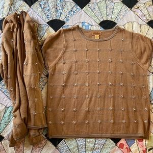 VINTAGE Milano Sweater & Top Set XL Pearl Flowers Brown